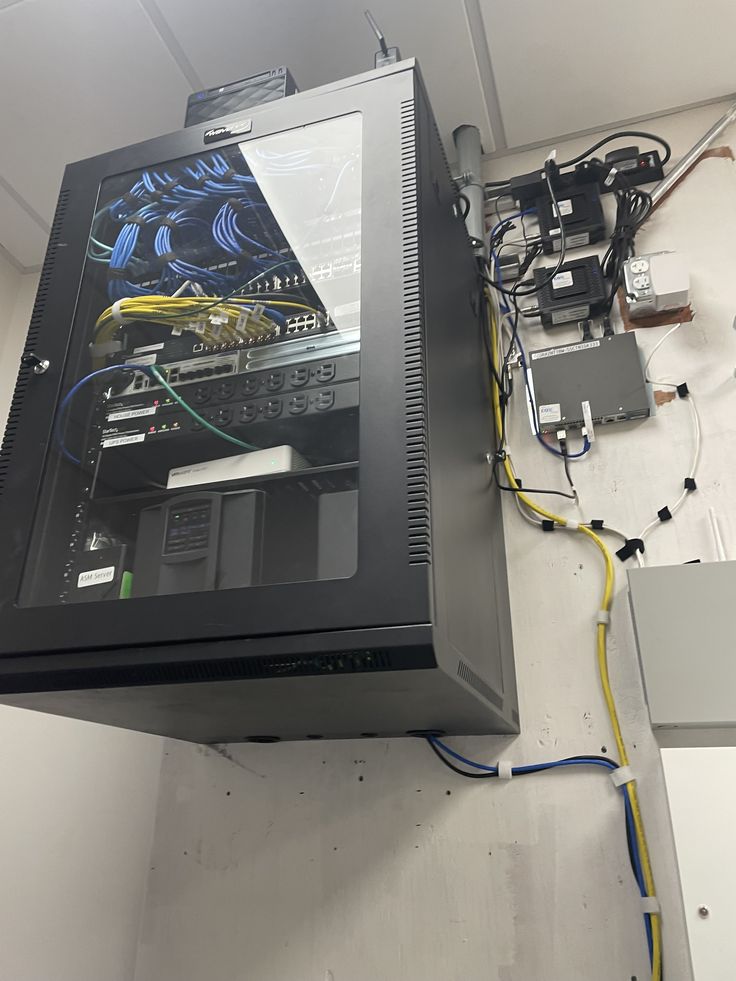 Wall-mounted security rack with backup power and access control equipment during installation